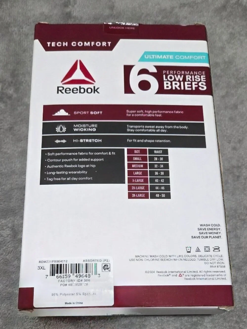 Reebok Men's Six Performance Low Rise Briefs Moisture-Wicking Size 3XL